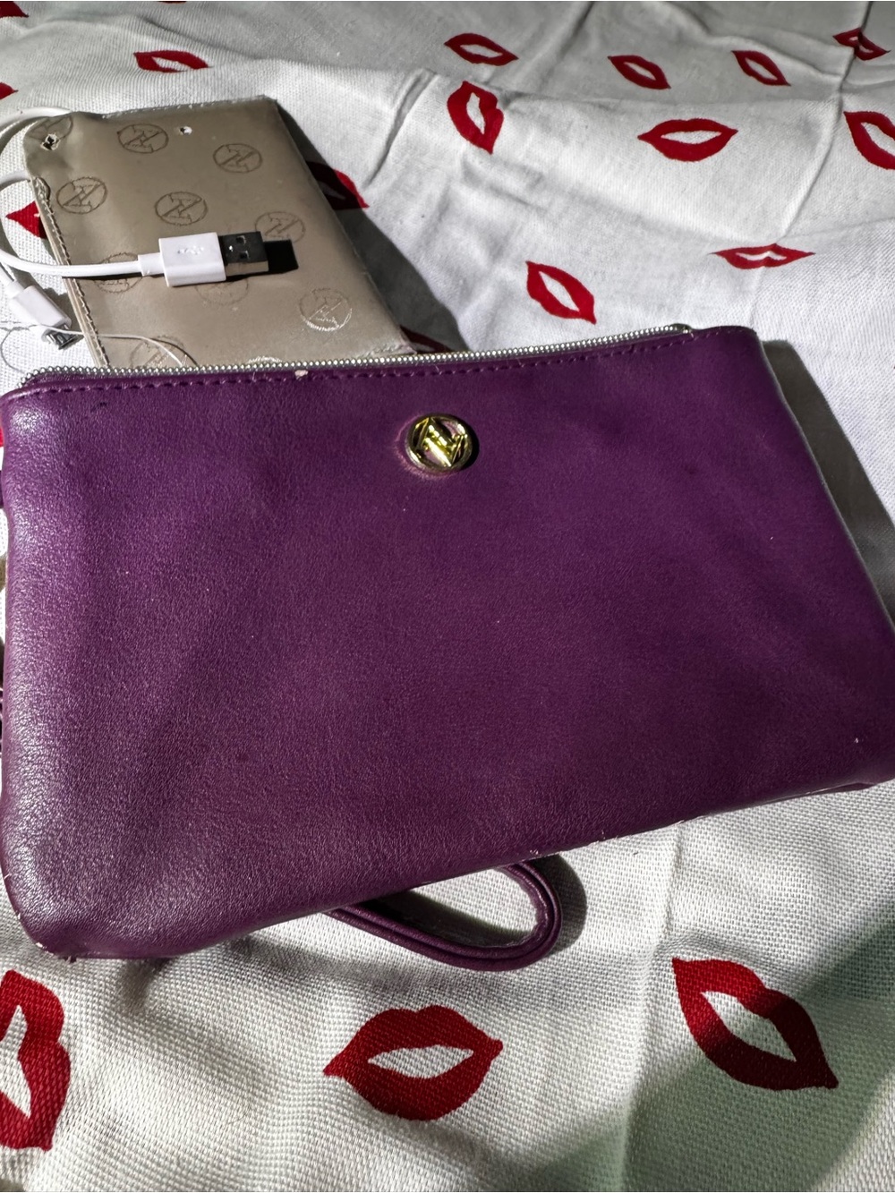 Adrienne Vittadini Purple Leather Wristlet Clutch with Gold Accent and powerbank